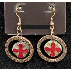 Handmade Textured Circle & Iron Cross Glass Bead Earrings by Neanie-Bot
